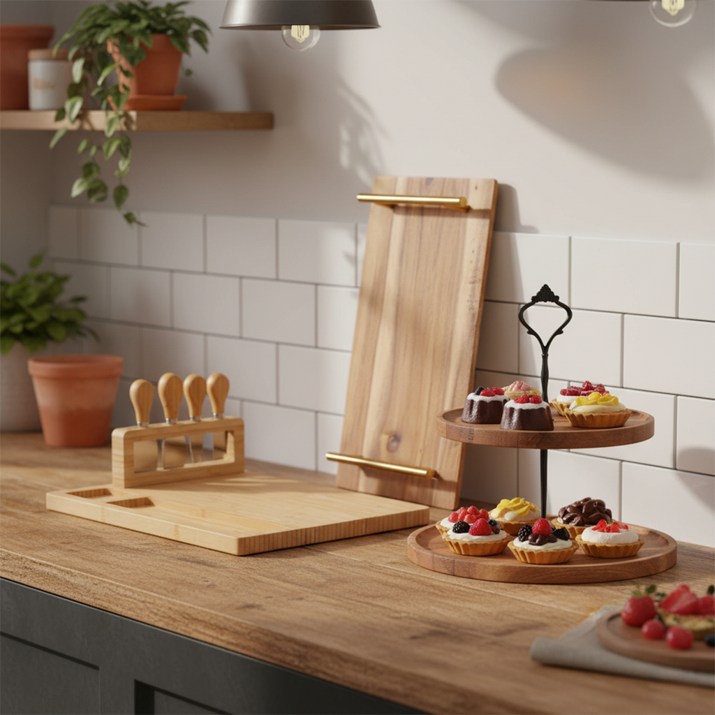 SOGA Kitchenware Bundle – Brown Acacia Cheese Board, 2-Tier Dessert Stand & Serving Tray