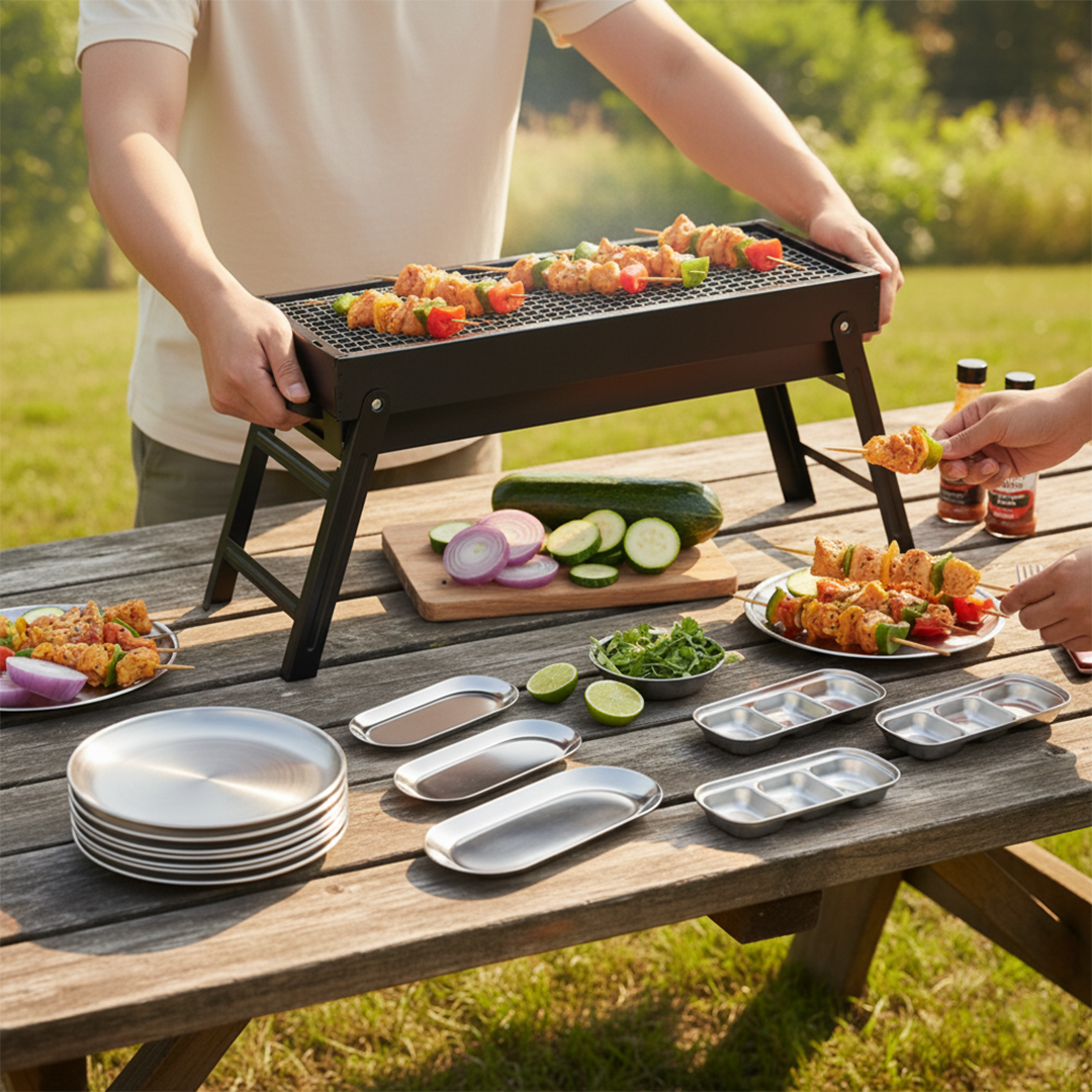 SOGA Kitchenware Bundle – Portable Charcoal Grill, Silver Grilling Plate, Nordic Plate & Sauce Pan $ 189