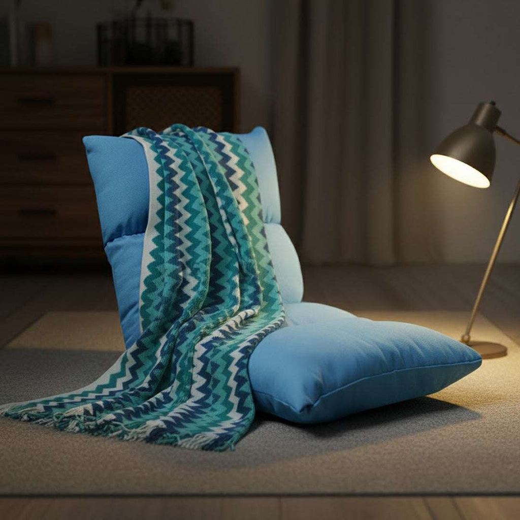 SOGA Home & Living Bundle – Blue Zigzag Knitted Throw Blanket & Blue Adjustable Floor Recliner $ 0
