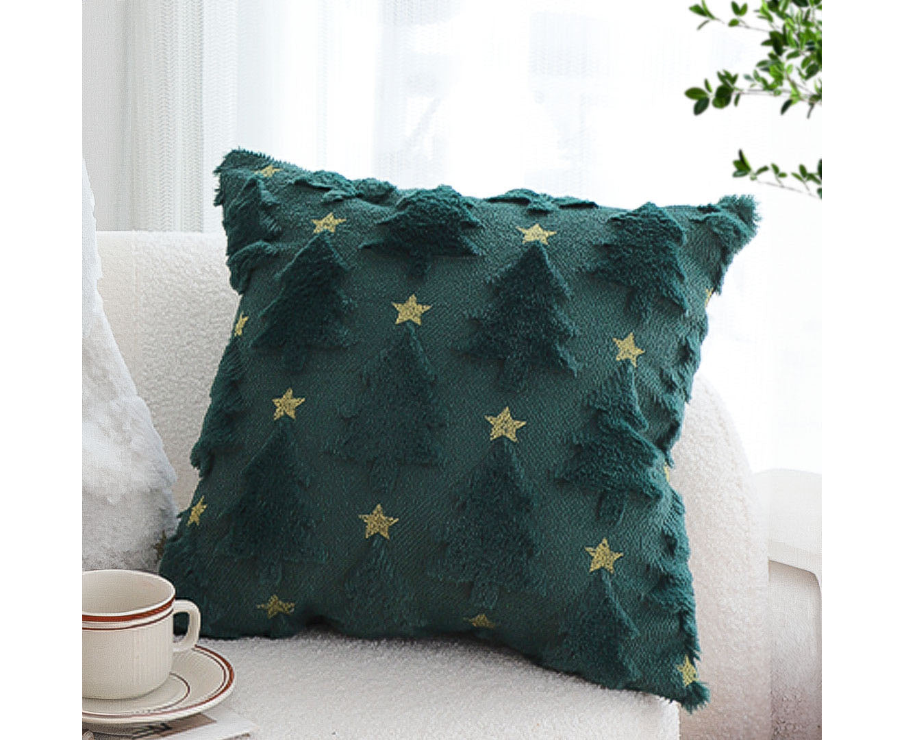 SOGA 45cm Festive Teal Christmas Tree Gold Star Holiday Throw Pillow