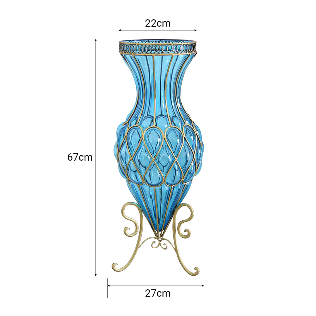 SOGA 67cm Blue Glass Tall Floor Vase with 10pcs White Artificial Fake Flower Set