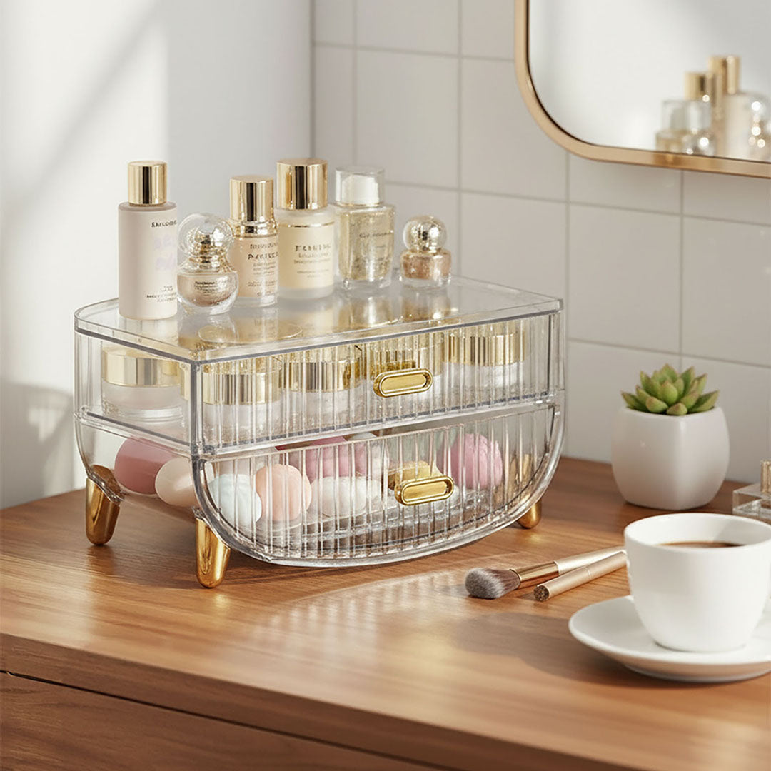 SOGA 2X 2 Tier Transparent Multifunctional Countertop Cosmetic Storage Makeup Skincare Holder Jewelry Cabinet Bathroom Desk Drawer Vanity Organiser