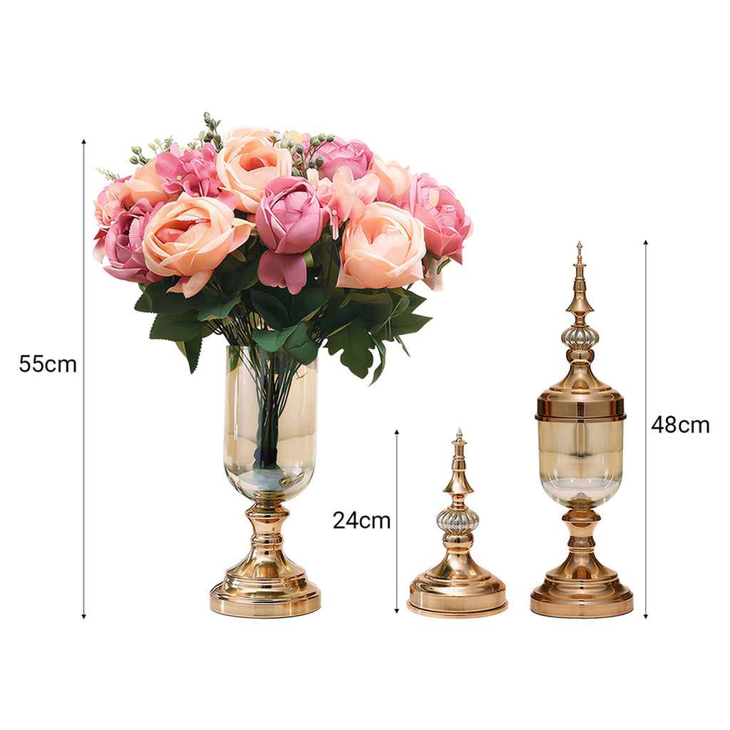 SOGA 2 x Clear Glass Flower Vase with Lid and Pink Flower Filler Vase Gold Set