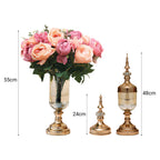 SOGA 2 x Clear Glass Flower Vase with Lid and Pink Flower Filler Vase Gold Set
