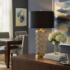 SOGA Golden Hollowed Out Base Table Lamp with Dark Shade