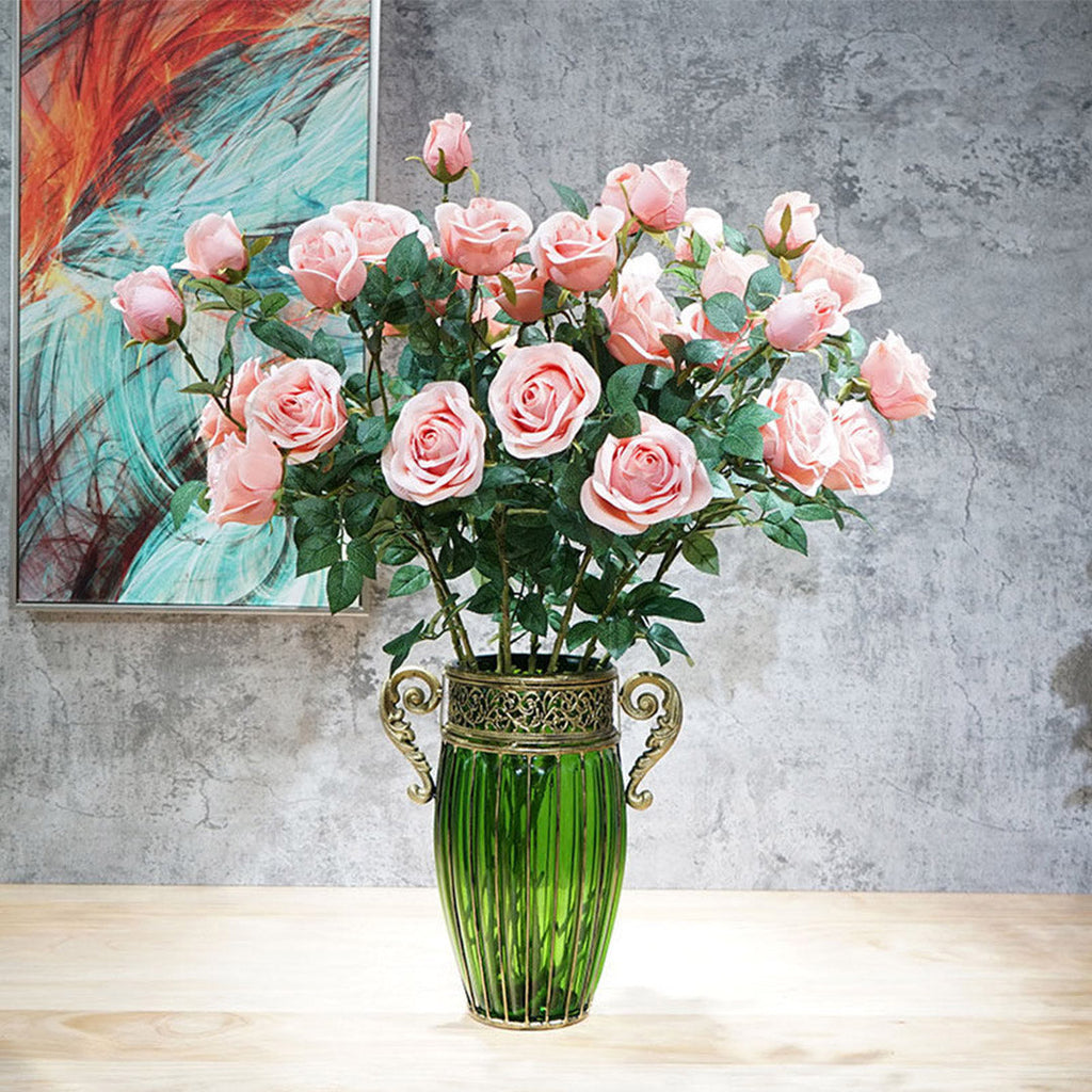 SOGA Green Glass Flower Vase with 8 Bunch 5 Heads Artificial Fake Silk Rose Home Decor Set