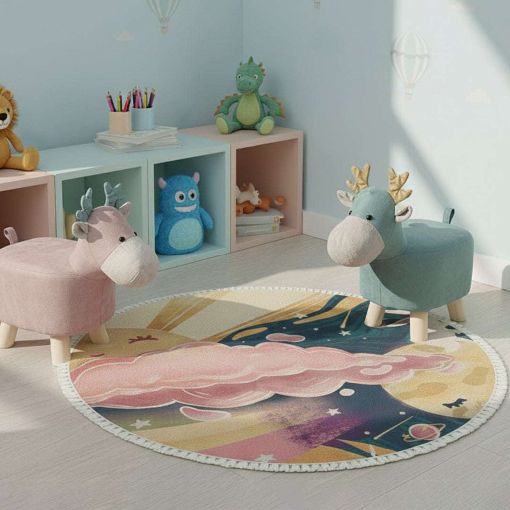 SOGA Home & Living Bundle – Pink & Green Deer Children’s Ottomans & Sky Clouds Round Rug $ 134
