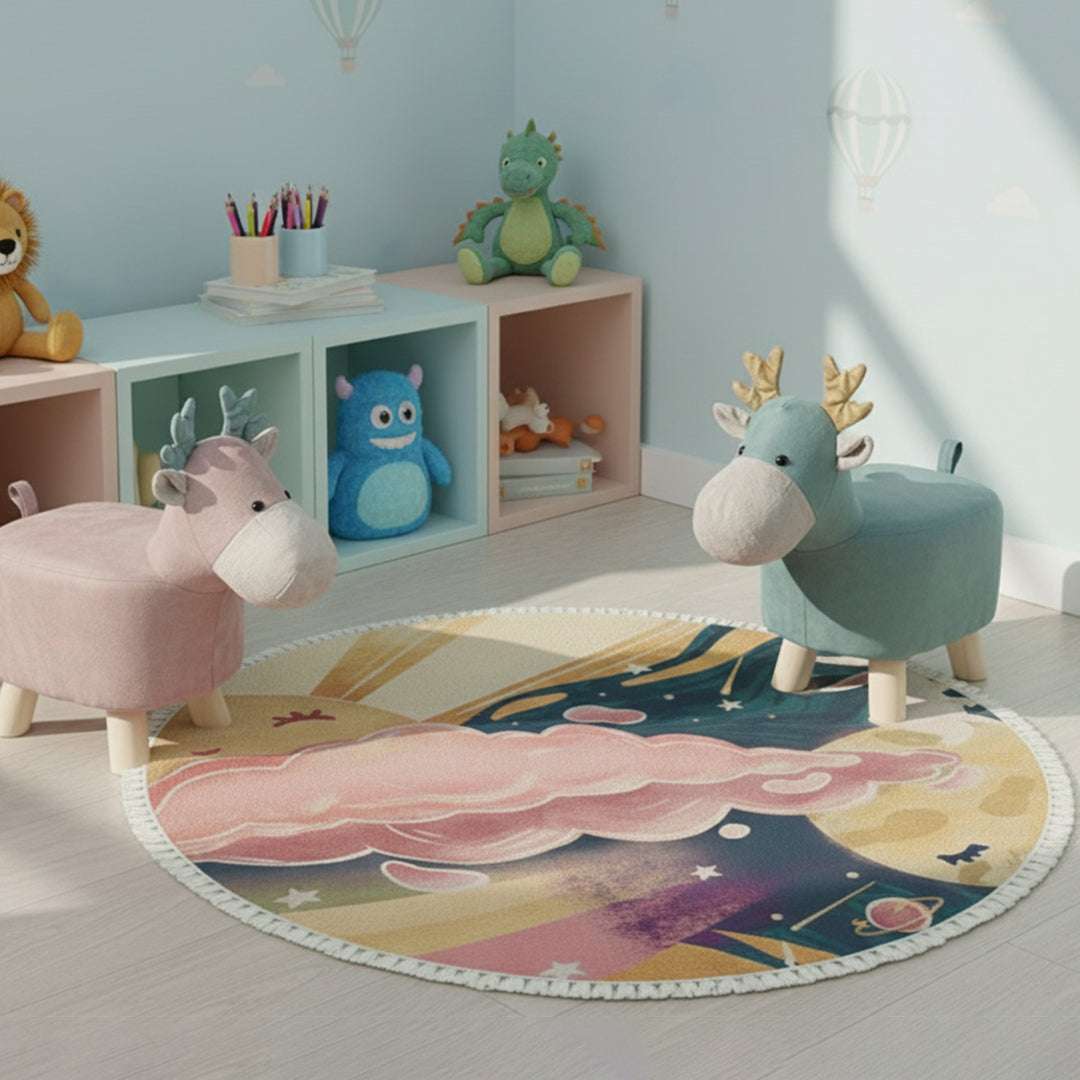 SOGA Home & Living Bundle – Pink & Green Deer Children’s Ottomans & Sky Clouds Round Rug $ 134