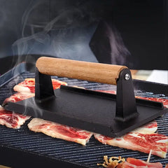 SOGA Cast Iron Bacon Meat Steak Press Grill BBQ with Wood Handle Weight Plate