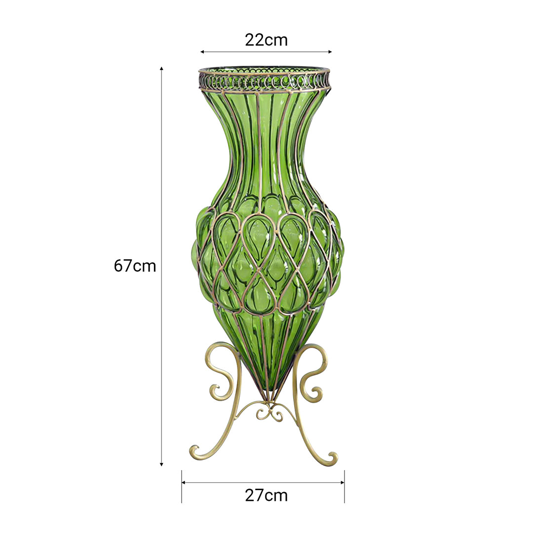 SOGA 67cm Green Glass Tall Floor Vase and 12pcs Pink Artificial Fake Flower Set