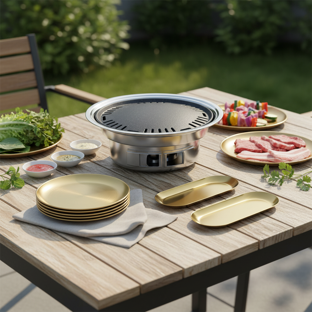 SOGA Kitchenware Bundle – Gold Nordic Plate Set, 23cm Grilling Plate & Portable Charcoal BBQ Grill $ 168
