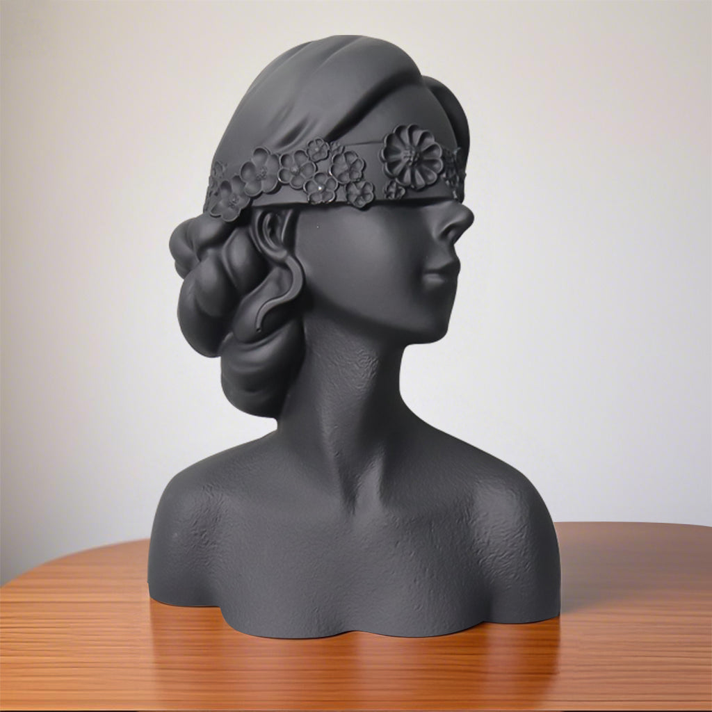 SOGA 36cm Black Resin Sculpture – Blindfold Lady Bust Home Decor