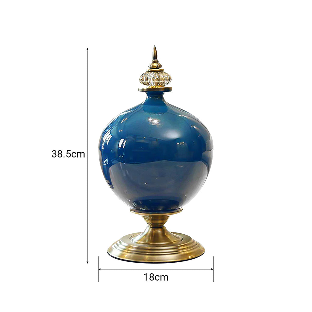 SOGA 38cm Ceramic Oval Flower Vase with Gold Metal Base Dark Blue
