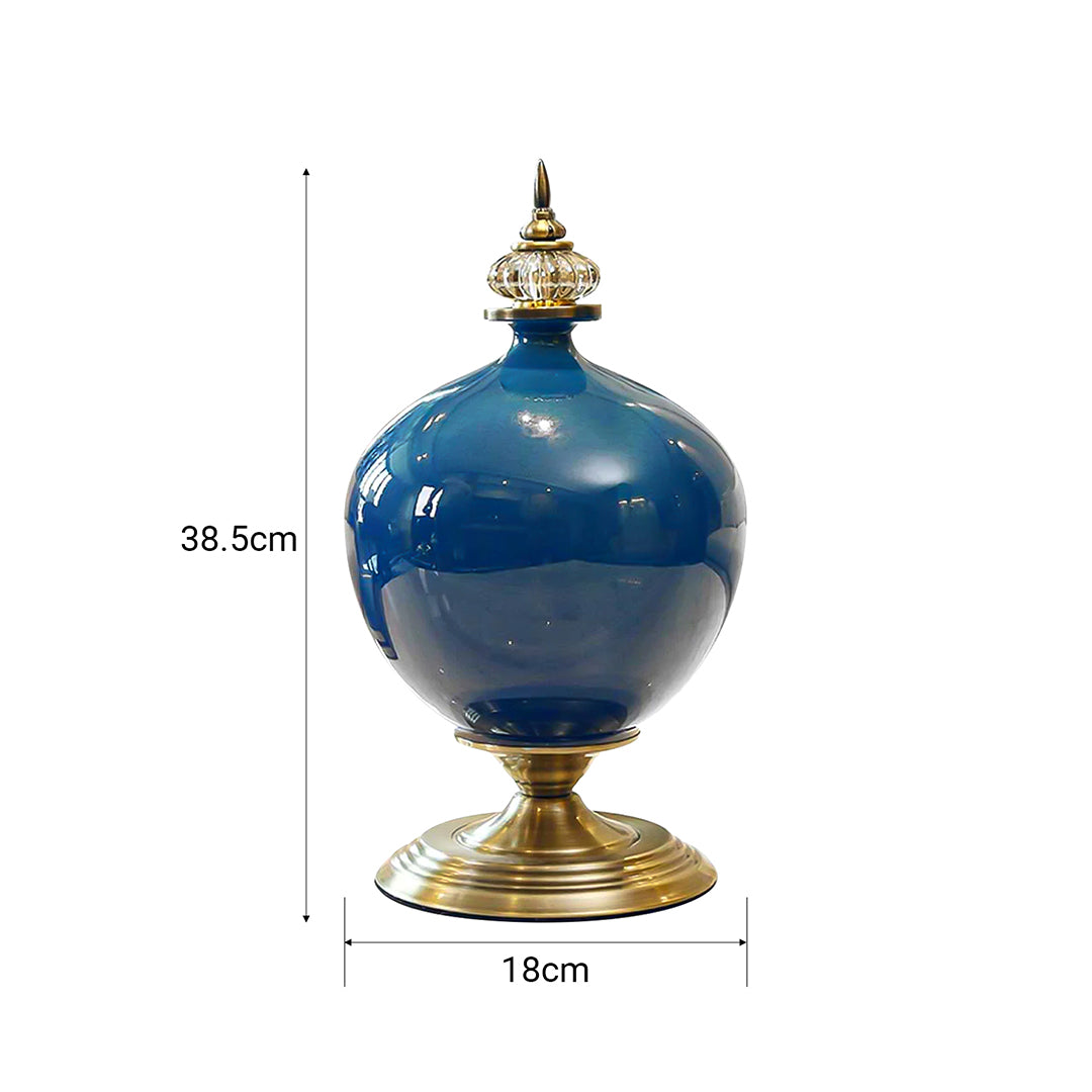 SOGA 38cm Ceramic Oval Flower Vase with Gold Metal Base Dark Blue