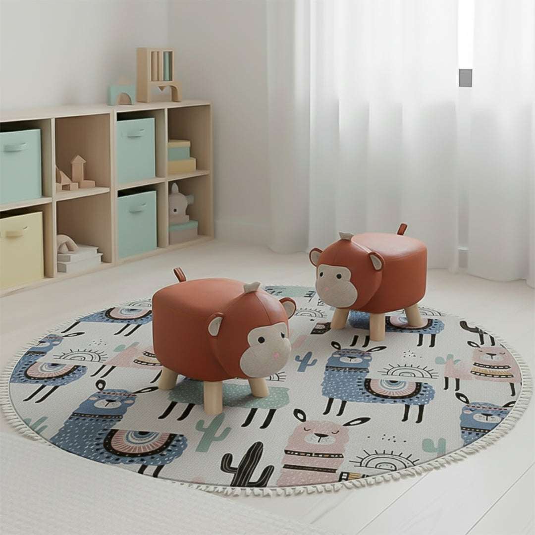 SOGA Home & Living Bundle – 2 Orange Monkey Children’s Ottoman & Alpaca Cactus Pattern Rug $ 134