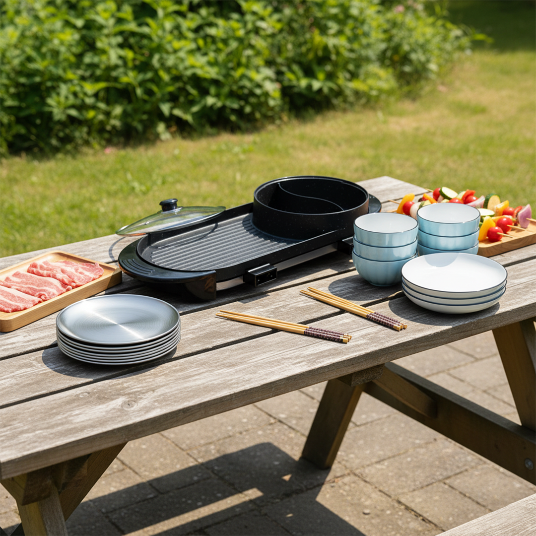 SOGA Kitchenware Bundle – 2-in-1 Electric BBQ Teppanyaki Grill, Blue Ceramic Dinnerware & Silver Grilling Plate