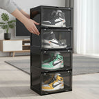 SOGA 4 Tier Black Portable Shoe Organiser Sneaker Footwear Folding Plastic Bin Stackable Storage Box with Magnetic Door