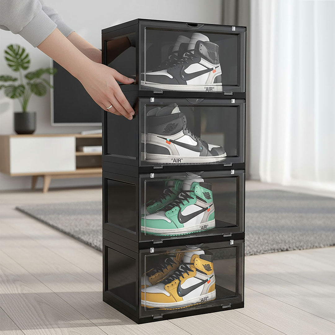 SOGA 4 Tier Black Portable Shoe Organiser Sneaker Footwear Folding Plastic Bin Stackable Storage Box with Magnetic Door