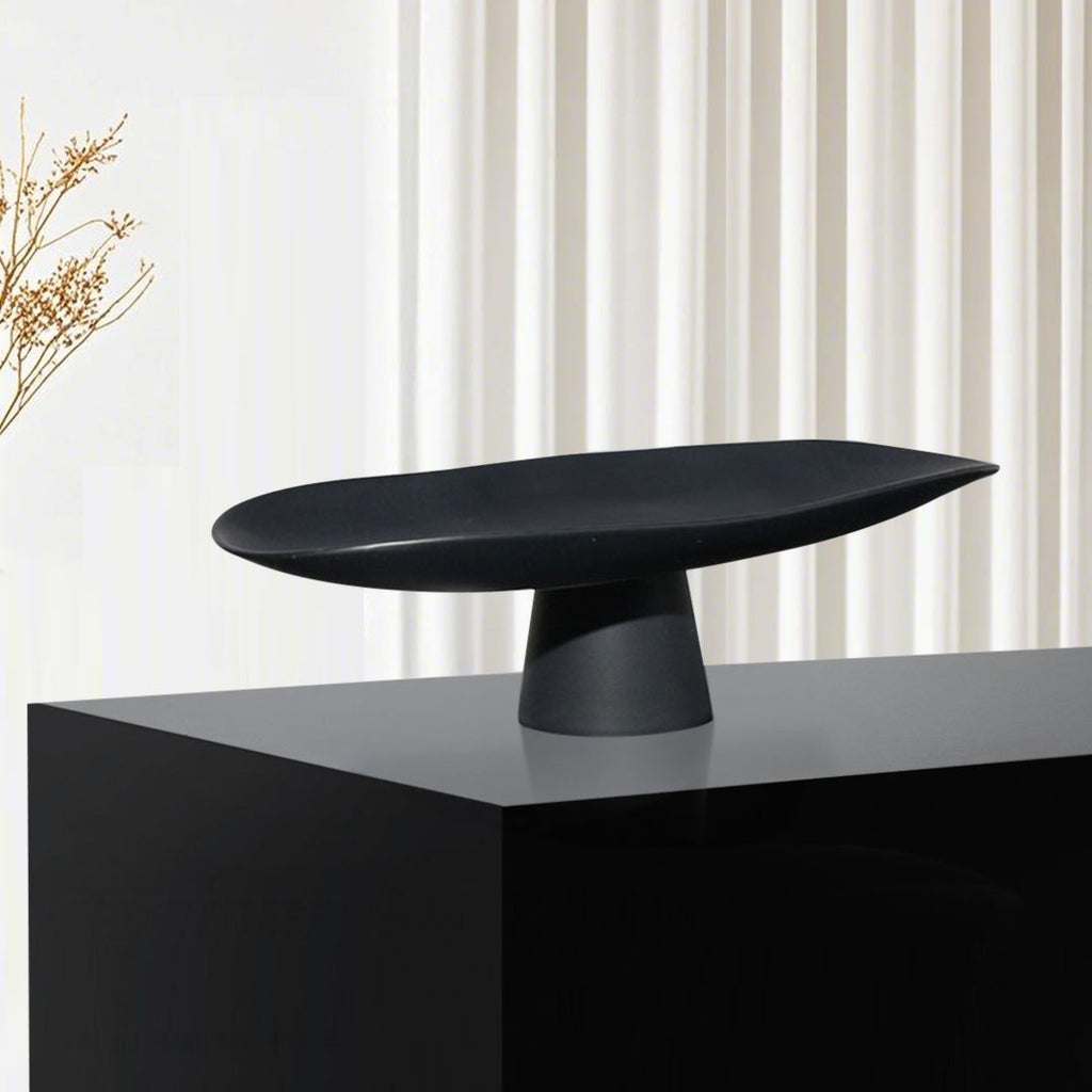 SOGA 46cm Black Ceramic Decorative Plate on Pedestal Stand