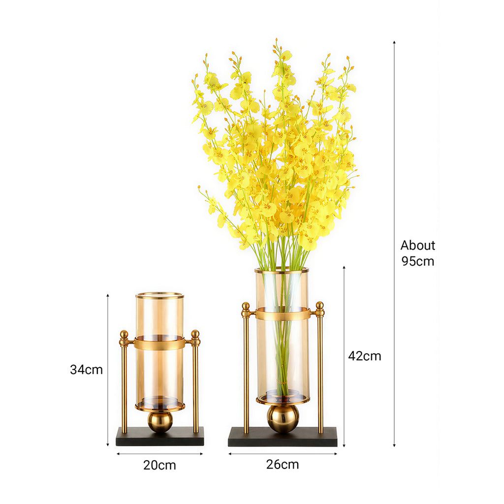 SOGA 40cm Transparent Glass Flower Vase w/ Yellow Flower and 32cm w/ Candle Set