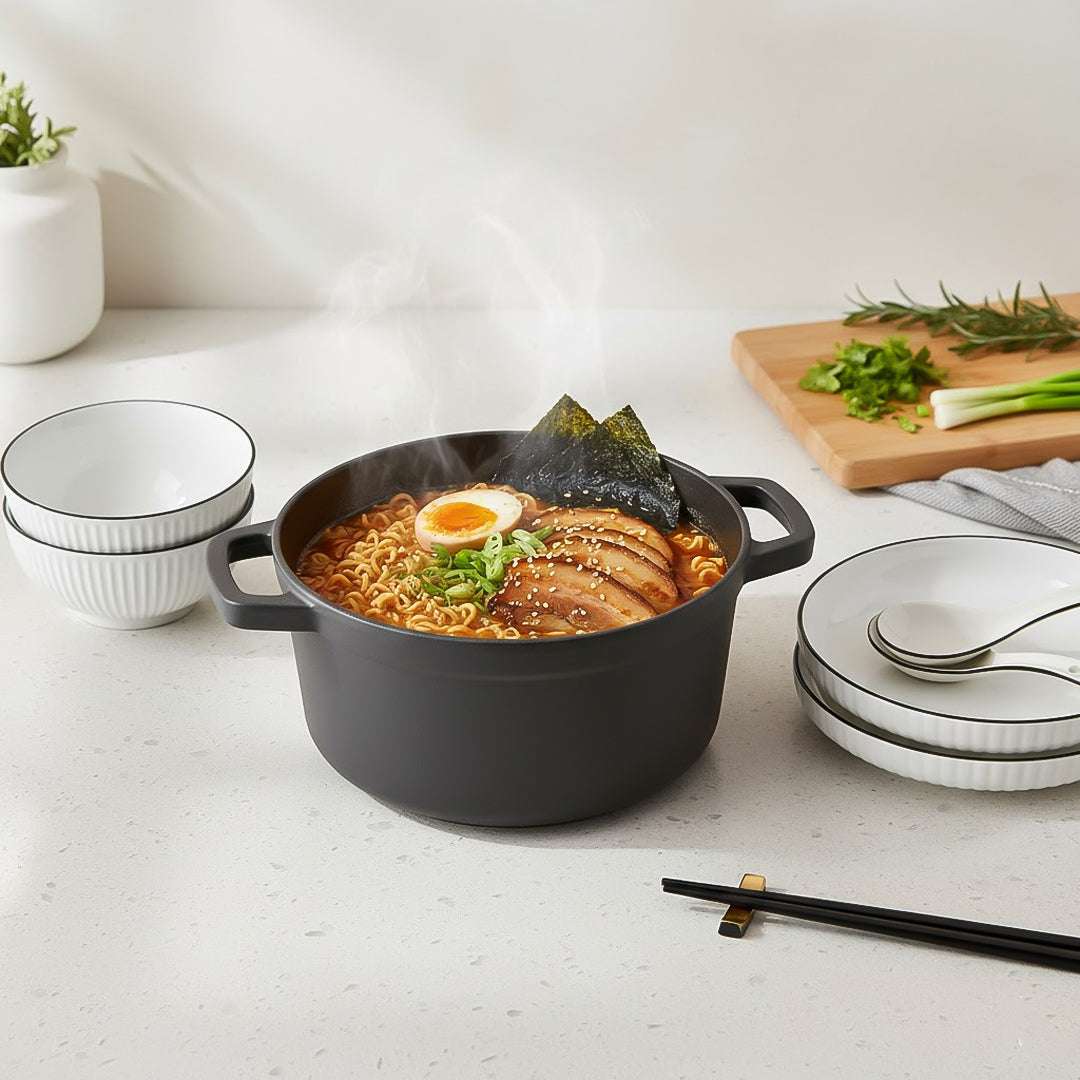 SOGA Kitchenware Bundle – White Japanese Ceramic Dinnerware Set & Black Cast Iron Stewpot $ 140