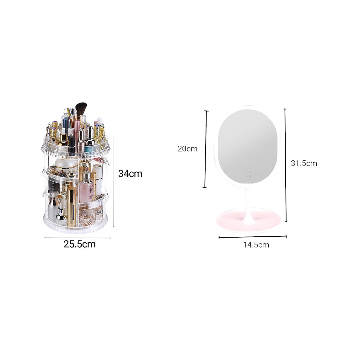 SOGA 360 Degree Rotating Makeup Organiser Cosmetics Holder with 20cm White Rechargeable LED Light  Tabletop Vanity Mirror Set