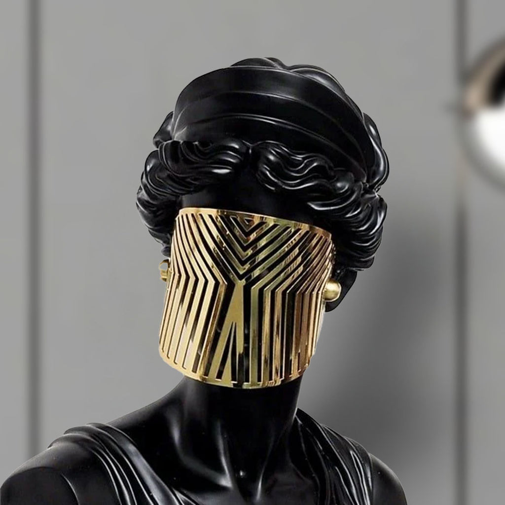 SOGA 40cm Black Resin Bust – Gold Striped Mask Home Sculpture