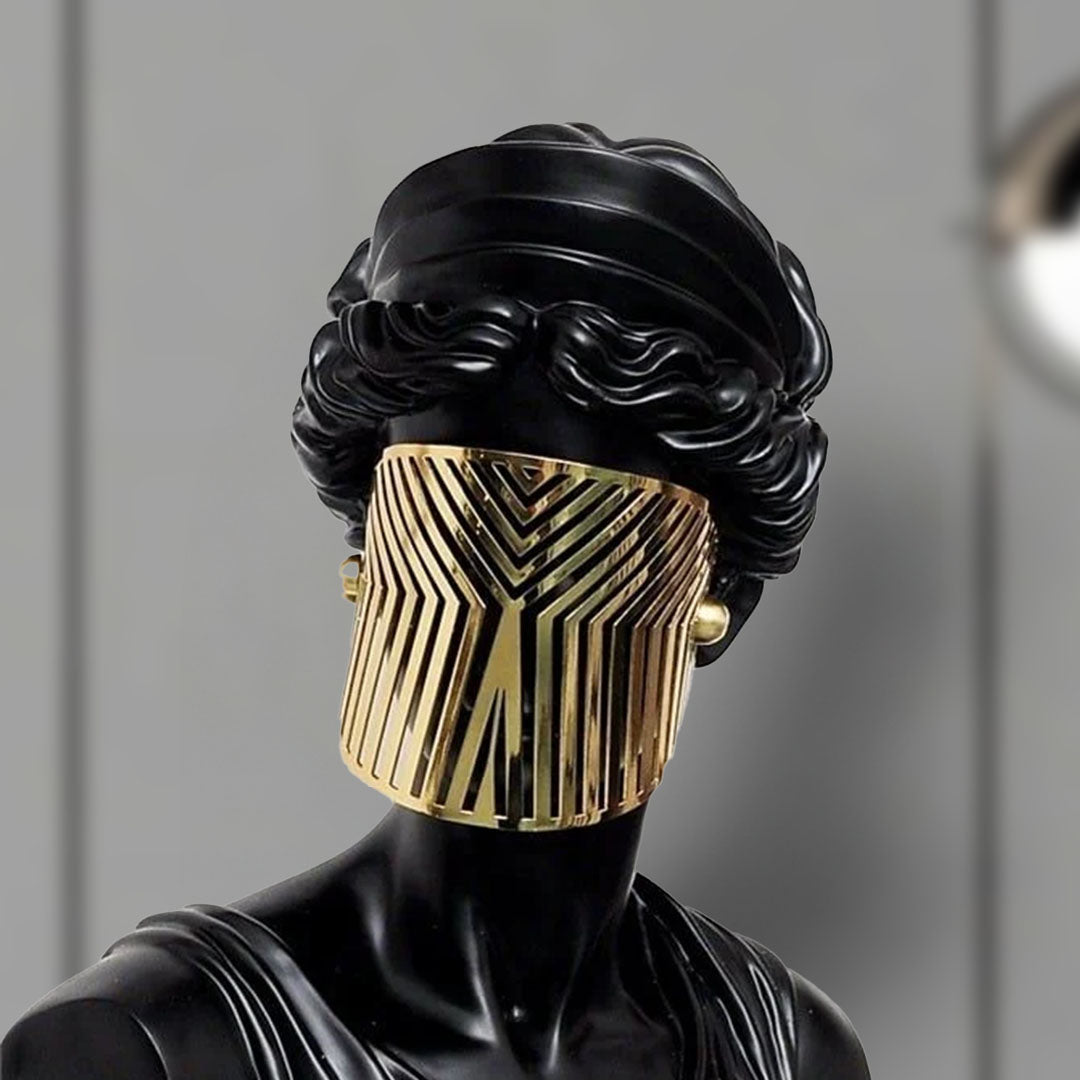 SOGA 40cm Black Resin Bust – Gold Striped Mask Home Sculpture