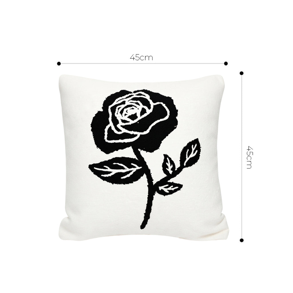 SOGA 45cm White Black Single Rose Embroidered Throw Pillow