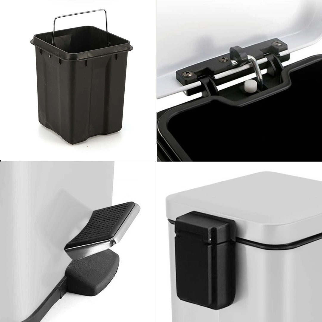 SOGA Foot Pedal Stainless Steel Rubbish Recycling Garbage Waste Trash Bin Square 6L White