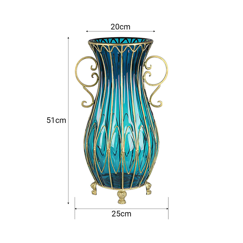 SOGA 51cm Blue Glass Tall Floor Vase with 12pcs Artificial Fake Flower Set