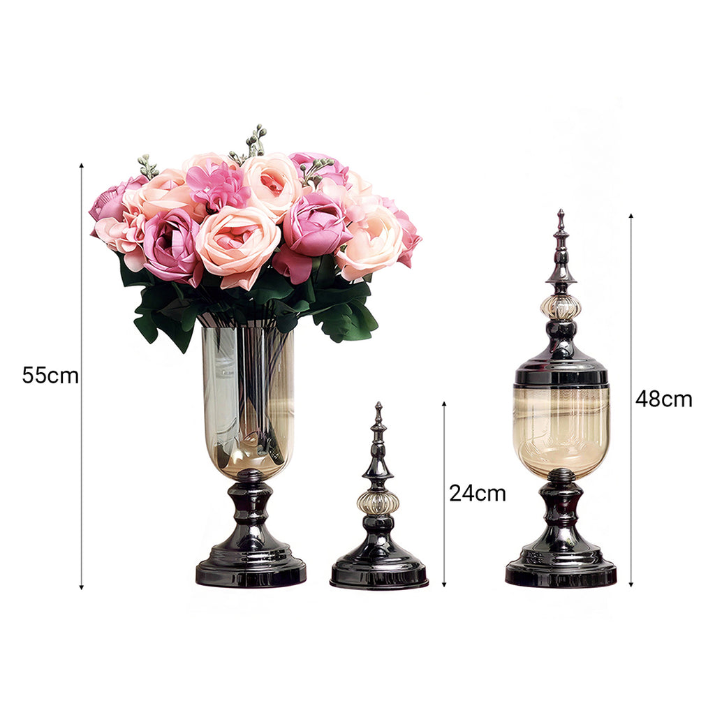 SOGA 2 x Clear Glass Flower Vase with Lid and Pink Flower Filler Vase Black Set