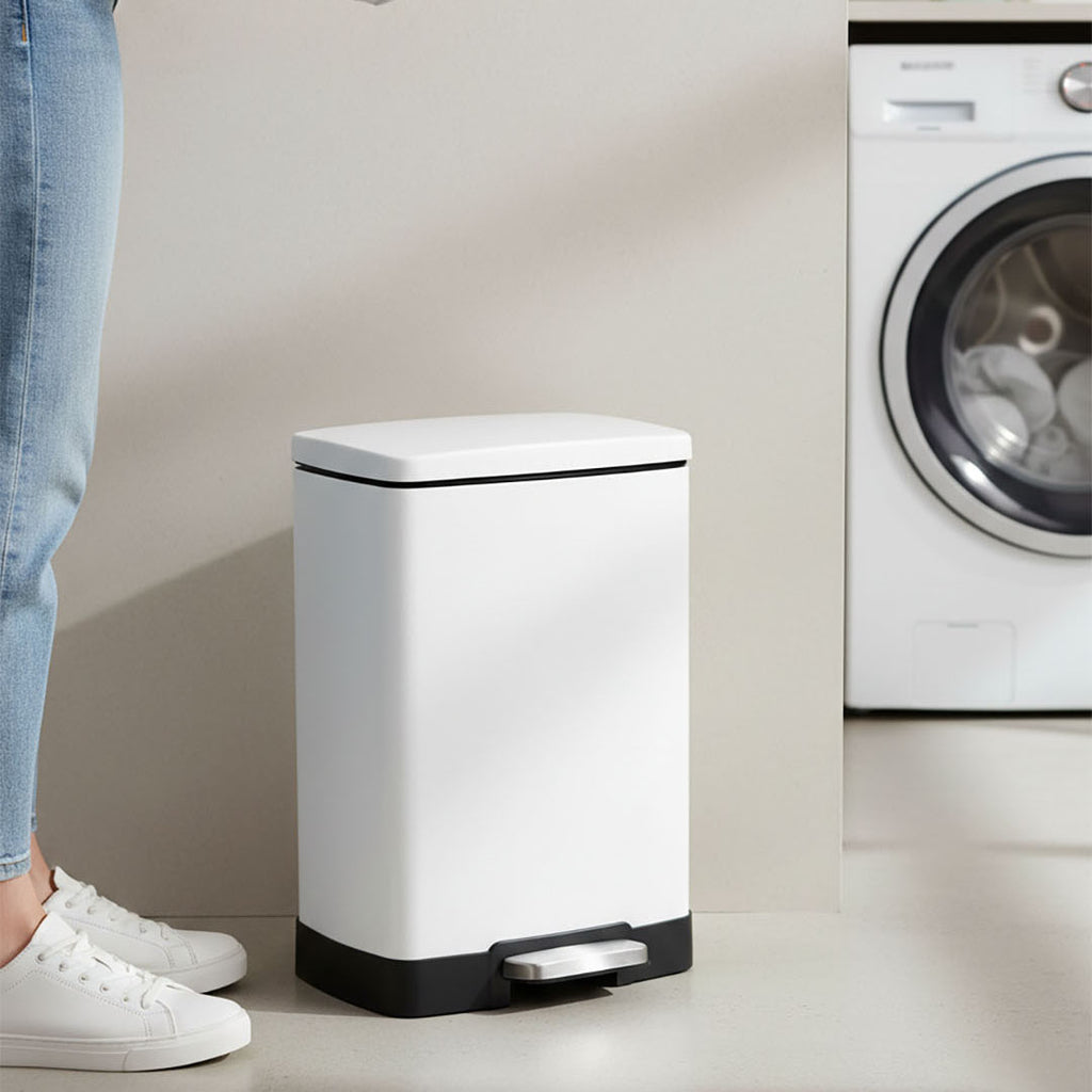 SOGA Foot Pedal Stainless Steel Rubbish Recycling Garbage Waste Trash Bin Rectangular Shape 12L White