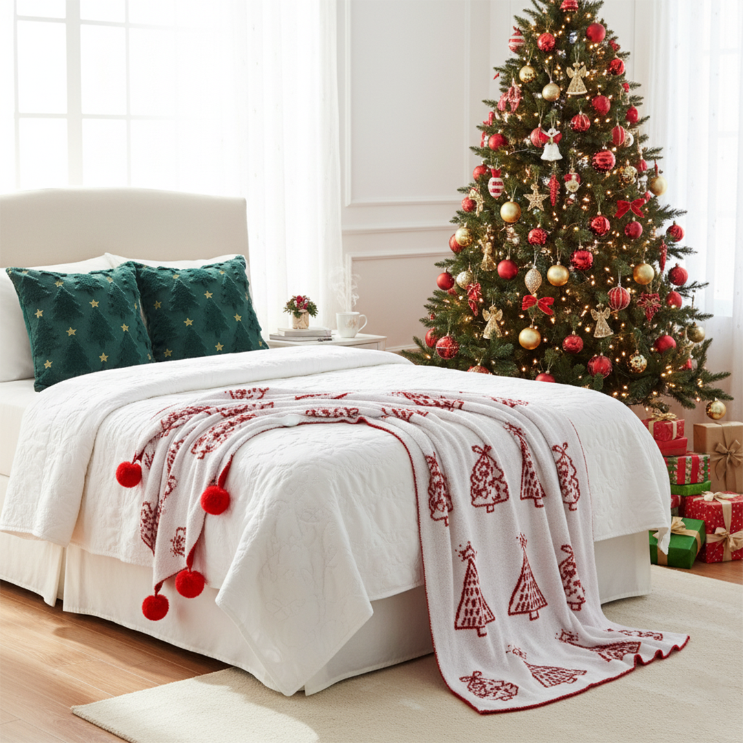 SOGA Christmas Bundle – 2 Festive Teal Christmas Tree Pillow & Red Holiday Throw Blanket $ 243