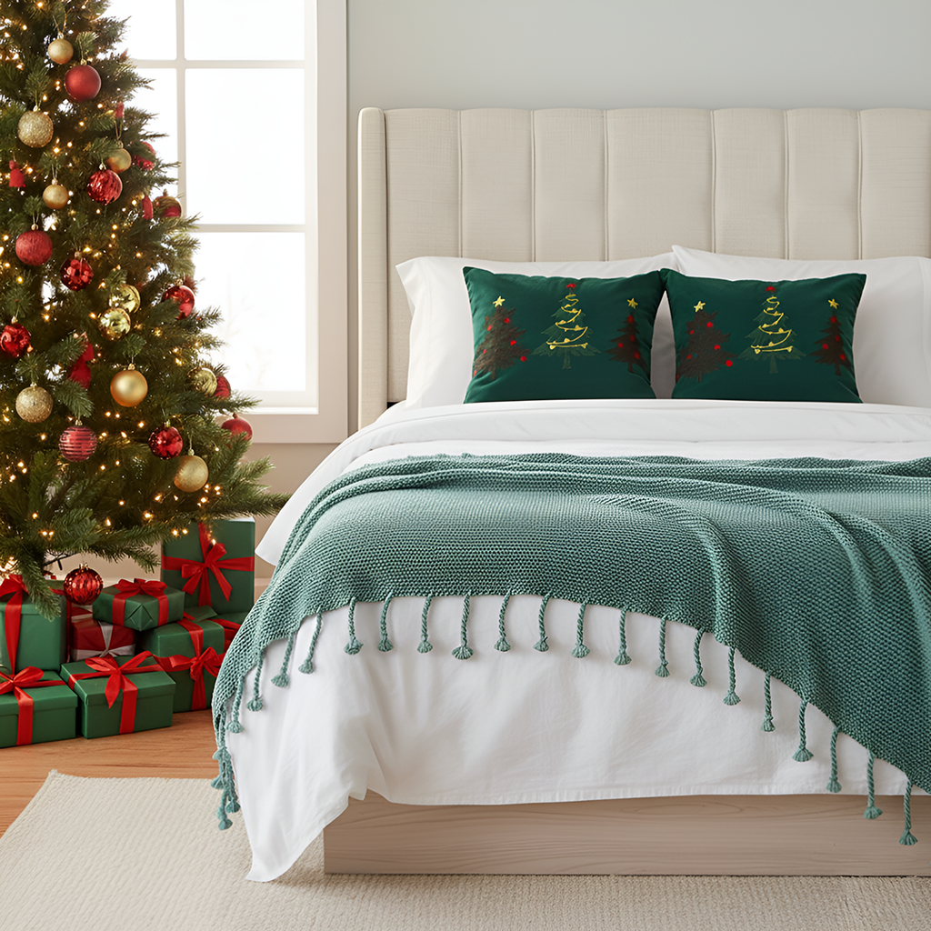 SOGA Christmas Bundle – 2 Green Embroidered Christmas Tree Pillow & Tassel Fringe Knitted Blanket $ 206