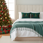 SOGA Christmas Bundle – 2 Green Embroidered Christmas Tree Pillow & Tassel Fringe Knitted Blanket $ 206