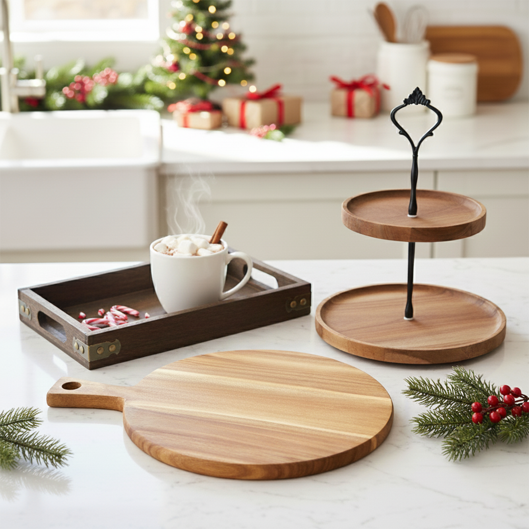 SOGA Kitchenware Bundle – Wooden Dessert Stand, Serving Tray & Premium Acacia Cutting Board