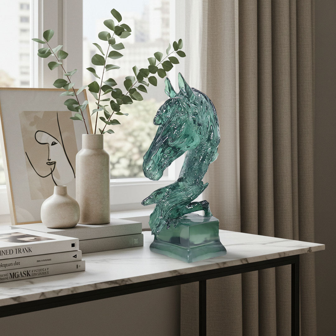 SOGA 37cm Green Horse Head Resin Sculpture Flowing Mane Design