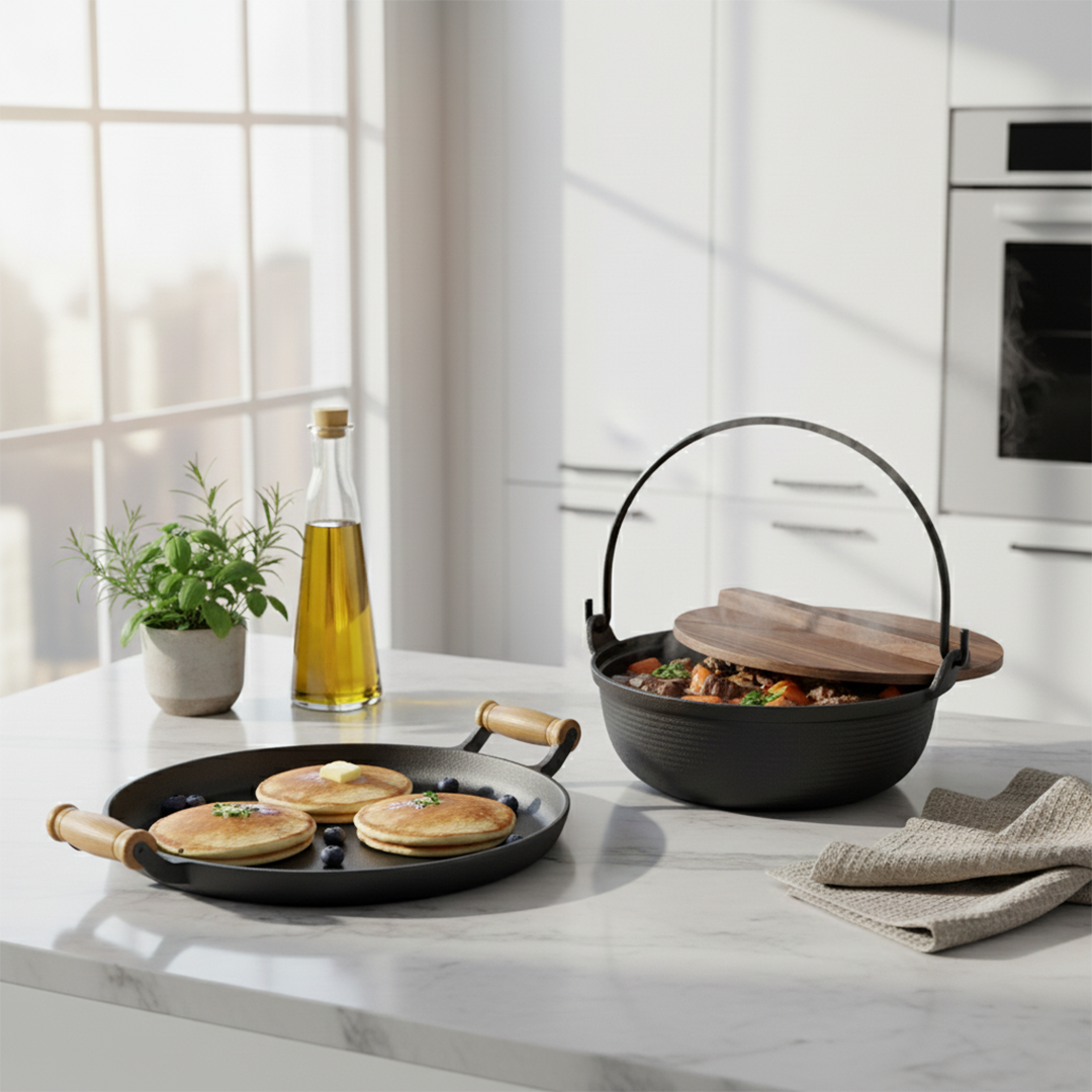 SOGA Kitchenware Bundle – Cast Iron Sukiyaki Hot Pot & Frying Pan Skillet with Wooden Handle
