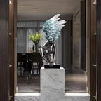 SOGA 86cm Silver Sculpture – Turquoise Winged Decor with Black Marble Base