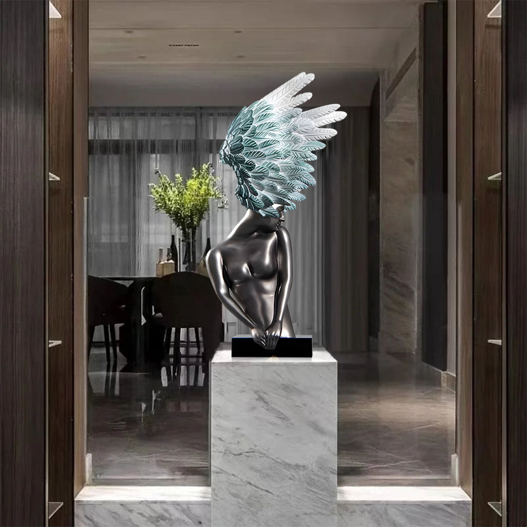 SOGA 86cm Silver Sculpture – Turquoise Winged Decor with Black Marble Base