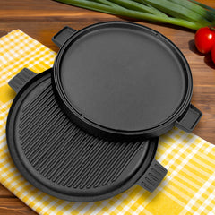 SOGA 2X 43cm Round Ribbed Cast Iron Frying Pan Skillet Steak Sizzle Platter with Handle