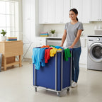 SOGA 2X Stainless Steel Commercial Square Soiled Linen Laundry Trolley Cart with Wheels Blue