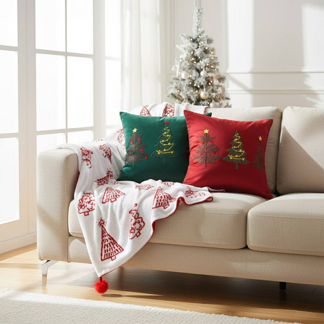 SOGA Christmas Bundle – Green & Burgundy Embroidered Tree Pillows & Red Holiday Throw Blanket $ 206