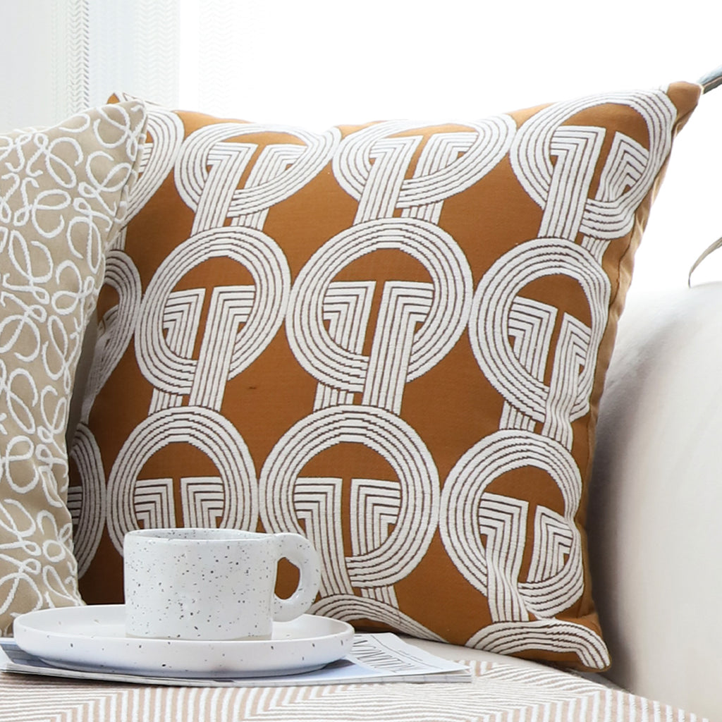 SOGA 2X 50cm Throw Pillow Brown Circular Chain Jacquard  Decorative Square for Home Decor