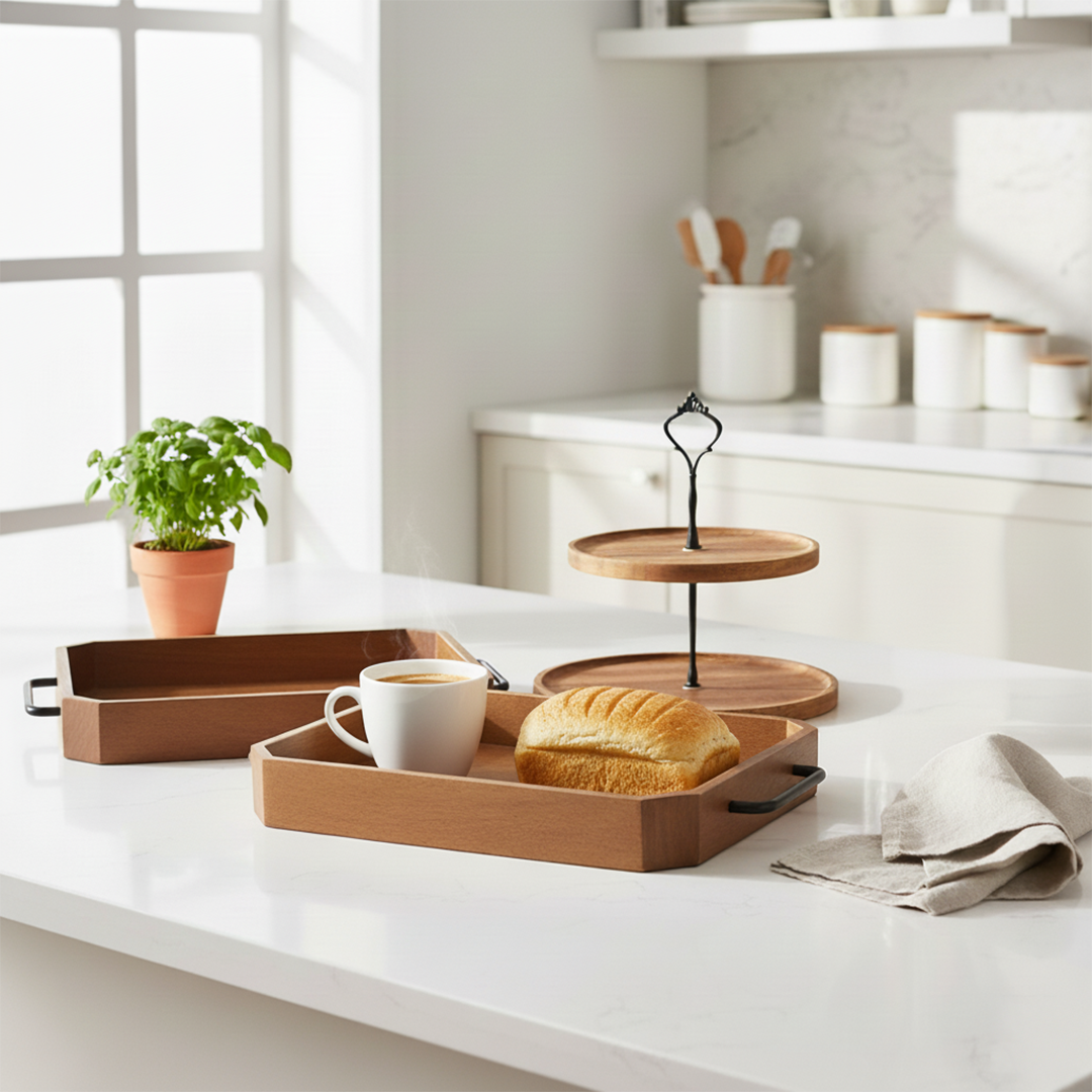 SOGA Kitchenware Bundle – 2 Paulownia Wood Serving Trays & 2-Tier Acacia Dessert Stand $ 132