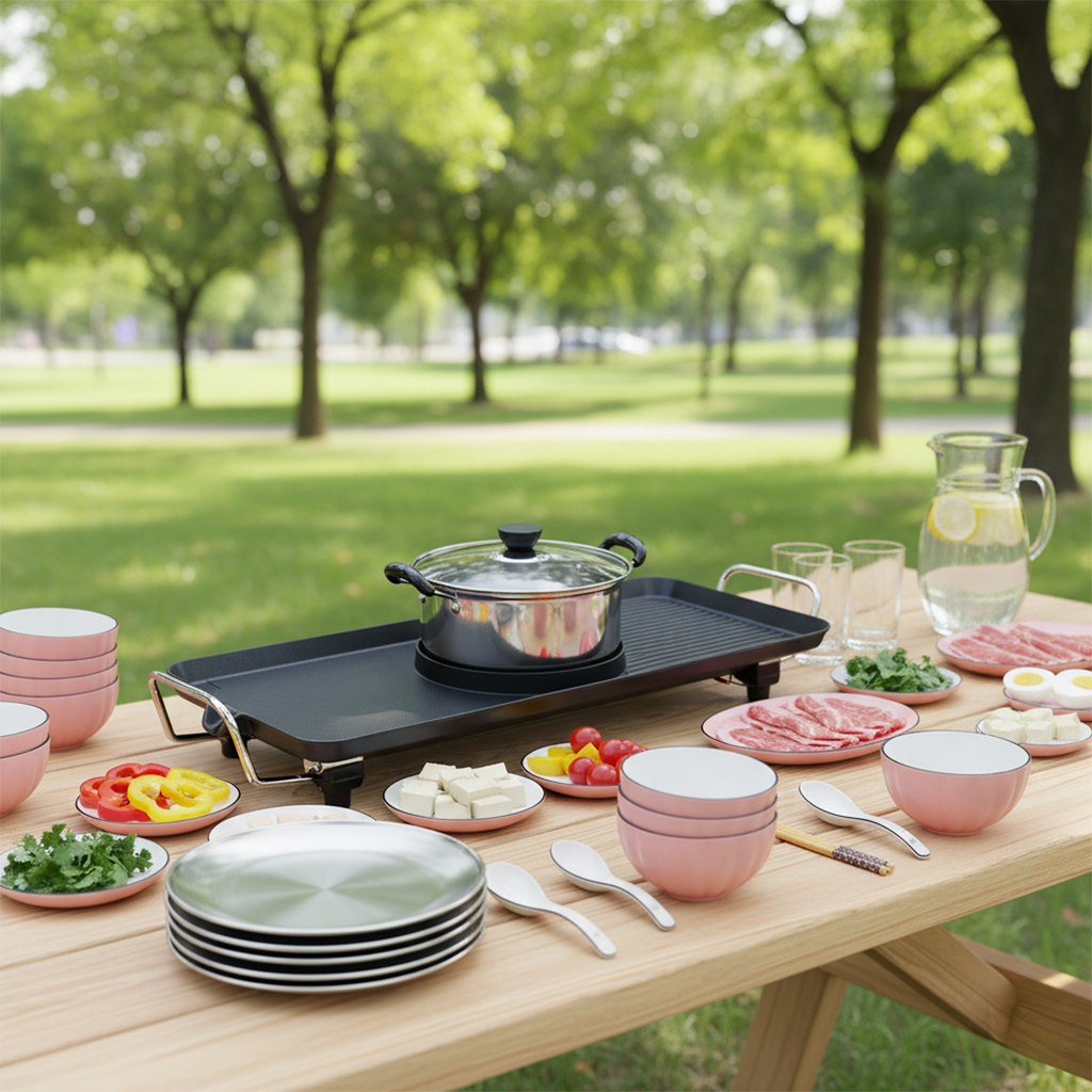 SOGA Kitchenware Bundle – Electric Steamboat Hot Pot, Pink Ceramic Dinnerware & Silver Grilling Plate