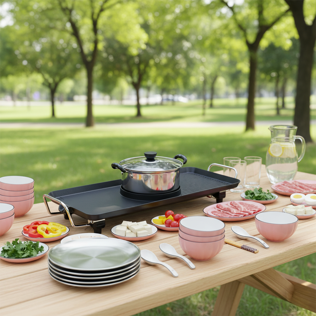 SOGA Kitchenware Bundle – Electric Steamboat Hot Pot, Pink Ceramic Dinnerware & Silver Grilling Plate