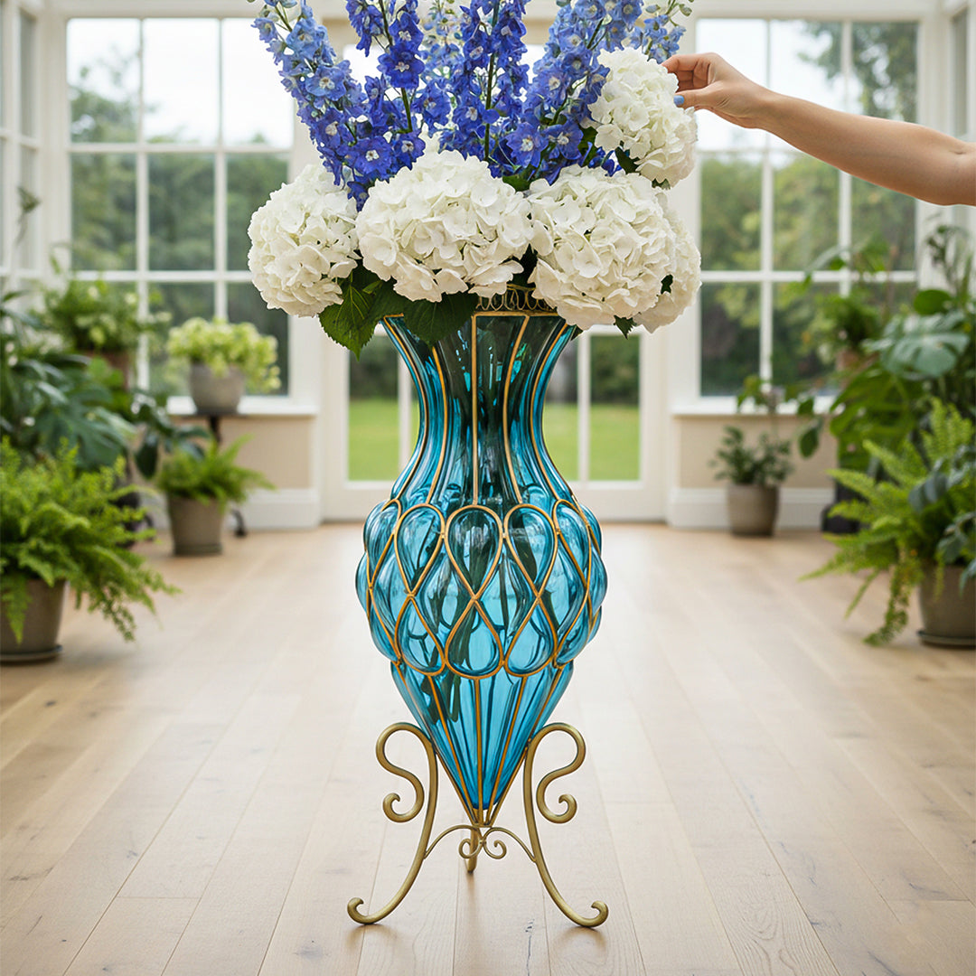 SOGA 65 cm Blue Glass Tall Floor Vase with Metal Flower Stand – Elegant Statement Piece for Modern Homes