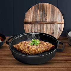 SOGA 2X 33cm Round Cast Iron Pre-seasoned Deep Baking Pizza Frying Pan Skillet with Wooden Lid